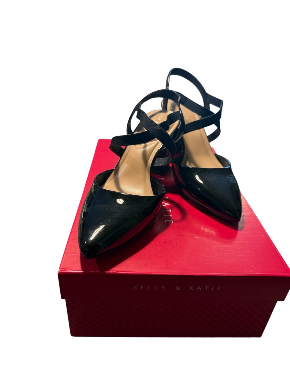 Kelly & Katie Black Patent Pointed Slingback heels with Straps